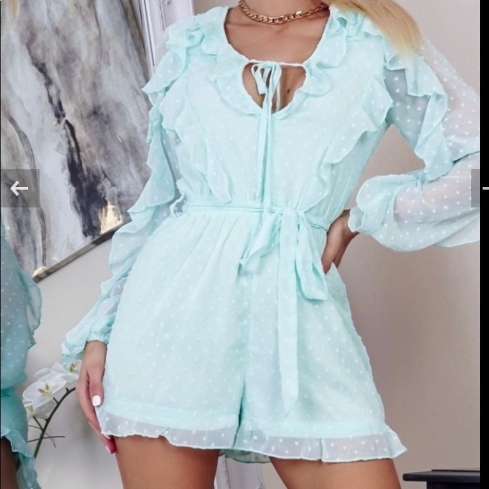 MINT DOBBY FABRIC FRILL TRIM PLAYSUIT